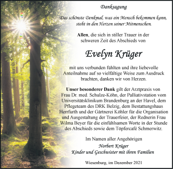 Traueranzeige von Evelyn Krüger von Märkische Oderzeitung