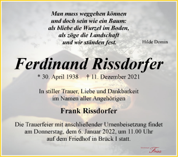 Traueranzeige von Ferdinand Rissdorfer von Märkische Oderzeitung