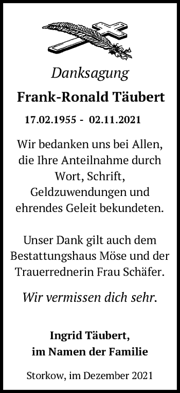 Traueranzeige von Frank-Ronald Täubert von Märkische Oderzeitung