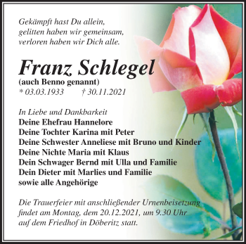 Traueranzeige von Franz Schlegel von Märkische Oderzeitung