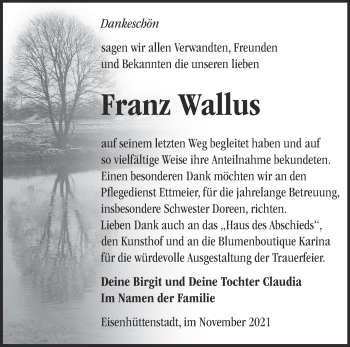 Traueranzeige von Franz Wallus von Märkische Oderzeitung