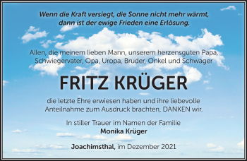 Traueranzeige von Fritz Krüger von Märkische Oderzeitung