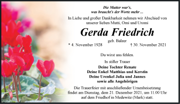 Traueranzeige von Gerda Friedrich von Märkische Oderzeitung