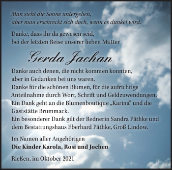 Traueranzeige von Gerda Jachan von Märkische Oderzeitung