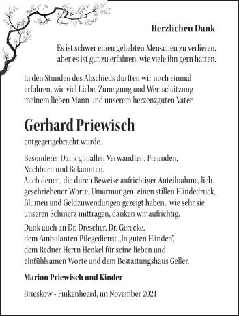 Traueranzeige von Gerhard Priewisch von Märkische Oderzeitung