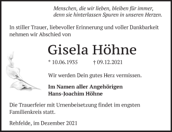 Traueranzeige von Gisela Höhne von Märkische Oderzeitung