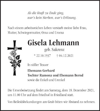 Traueranzeige von Gisela Lehmann von Märkische Oderzeitung