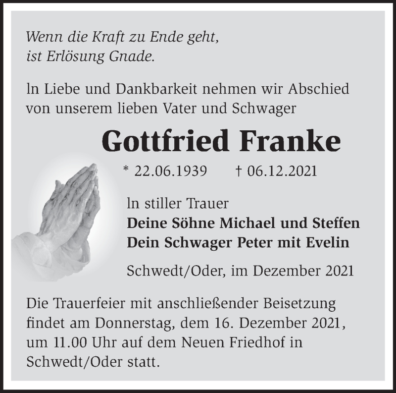  Traueranzeige für Gottfried Franke vom 14.12.2021 aus Märkische Oderzeitung