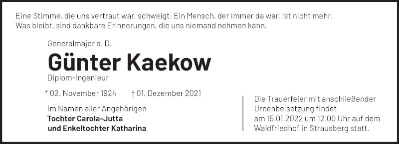  Traueranzeige für Günter Kaekow vom 11.12.2021 aus Märkische Oderzeitung