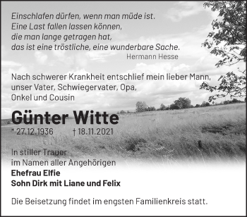 Traueranzeige von Günter Witte von Märkische Oderzeitung