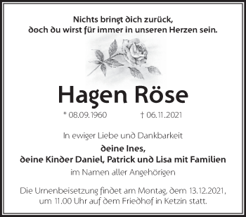 Traueranzeige von Hagen Röse von Märkische Oderzeitung