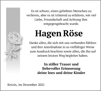 Traueranzeige von Hagen Röse von Märkische Oderzeitung