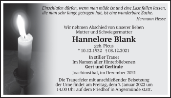 Traueranzeige von Hannelore Blank von Märkische Oderzeitung