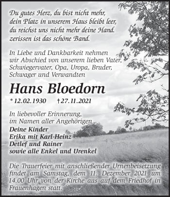 Traueranzeige von Hans Bloedorn von Märkische Oderzeitung