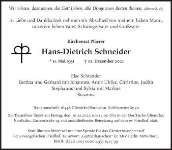 Traueranzeige von Hans-Dietrich Schneider von Märkische Oderzeitung