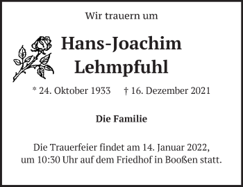 Traueranzeige von Hans-Joachim Lehmpfuhl von Märkische Oderzeitung