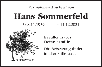 Traueranzeige von Hans Sommerfeld von Märkische Oderzeitung