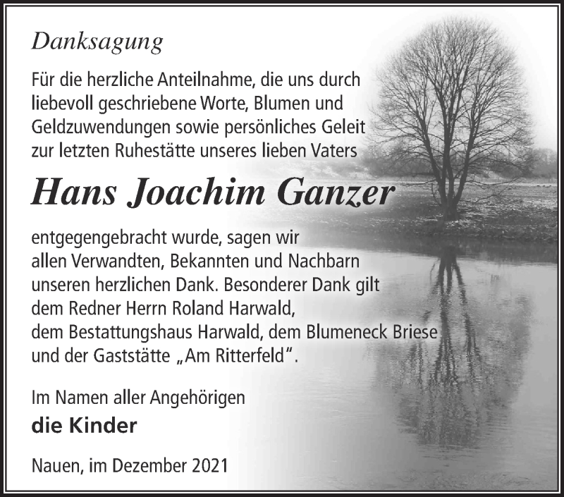  Traueranzeige für Hans Joachim Ganzer vom 19.12.2021 aus Märkische Oderzeitung