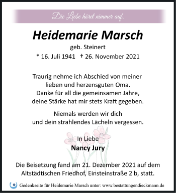 Traueranzeige von Heidemarie Marsch von Märkische Oderzeitung