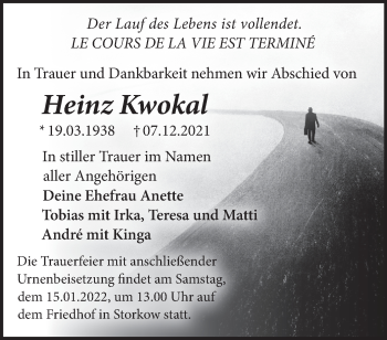 Traueranzeige von Heinz Kwokal von Märkische Oderzeitung