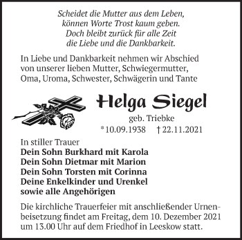 Traueranzeige von Helga Siegel von Märkische Oderzeitung