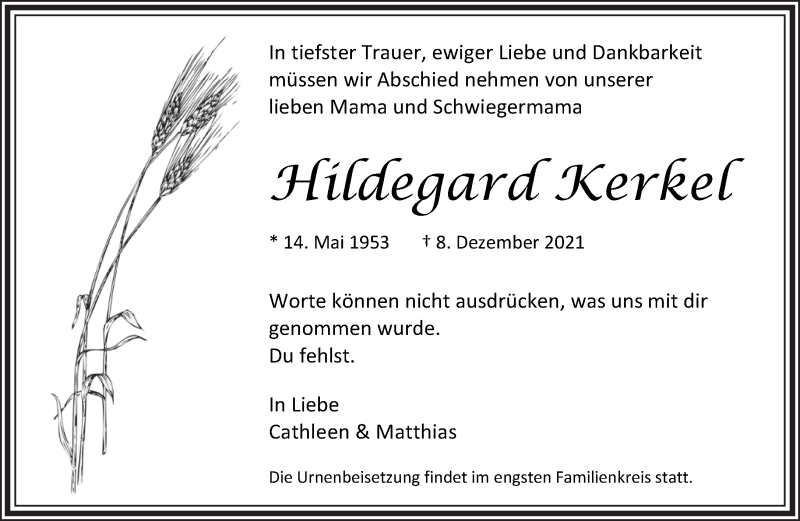  Traueranzeige für Hildegard Kerkel vom 18.12.2021 aus Märkische Oderzeitung