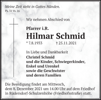 Traueranzeige von Hilmar Schmid von Märkische Oderzeitung