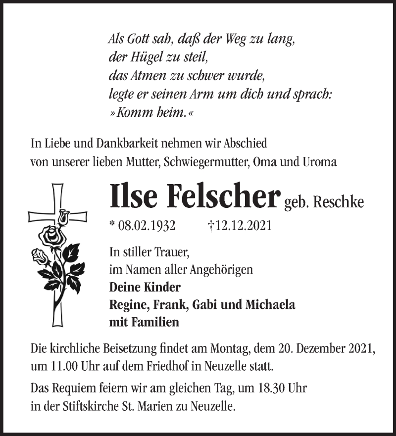  Traueranzeige für Ilse Felscher vom 16.12.2021 aus Märkische Oderzeitung