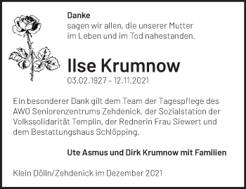 Traueranzeige von Ilse Krumnow von Märkische Oderzeitung