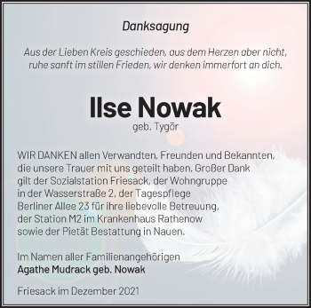 Traueranzeige von Ilse Nowak von Märkische Oderzeitung