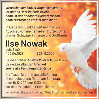 Traueranzeige von Ilse Nowak von Märkische Oderzeitung