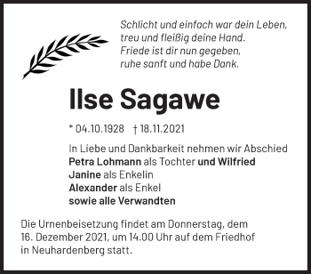 Traueranzeige von Ilse Sagawe von Märkische Oderzeitung