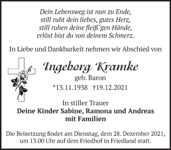 Traueranzeige von Ingeborg Kramke von Märkische Oderzeitung