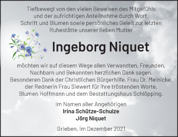 Traueranzeige von Ingeborg Niquet von Märkische Oderzeitung