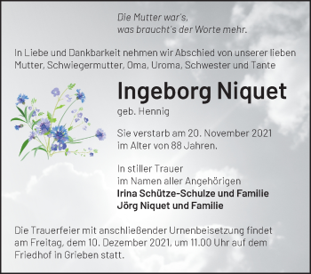 Traueranzeige von Ingeborg Niquet von Märkische Oderzeitung