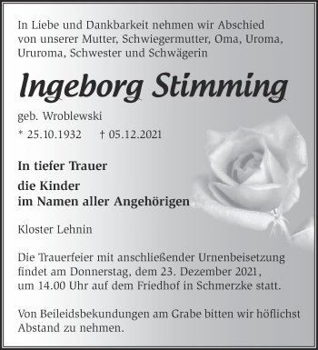 Traueranzeige von Ingeborg Stimming von Märkische Oderzeitung