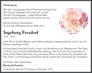 Traueranzeige von Ingeburg Fresdorf von Märkische Oderzeitung