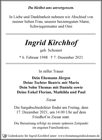 Traueranzeige von Ingrid Kirchhof von Märkische Oderzeitung