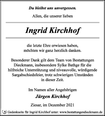 Traueranzeige von Ingrid Kirchhof von Märkische Oderzeitung