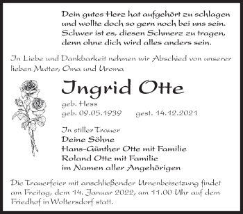 Traueranzeige von Ingrid Otte von Märkische Oderzeitung