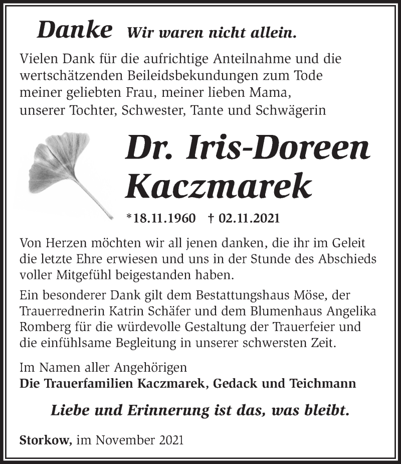  Traueranzeige für Iris-Doreen Kaczmarek vom 04.12.2021 aus Märkische Oderzeitung