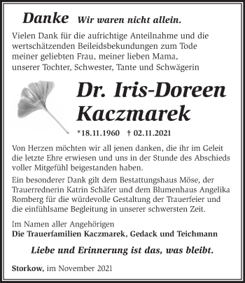 Traueranzeige von Iris-Doreen Kaczmarek von Märkische Oderzeitung