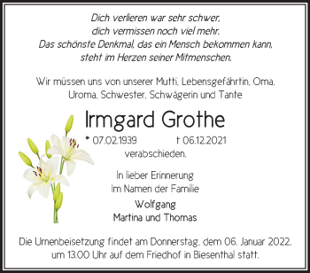 Traueranzeige von Irmgard Grothe von Märkische Oderzeitung