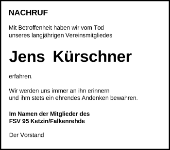 Traueranzeige von Jens Kürschner von Märkische Oderzeitung