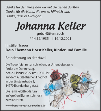 Traueranzeige von Johanna Keller von Märkische Oderzeitung