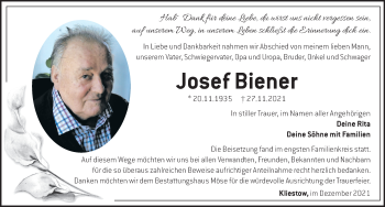 Traueranzeige von Josef Biener von Märkische Oderzeitung