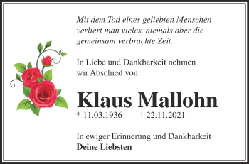 Traueranzeige von Klaus Mallohn von Märkische Oderzeitung