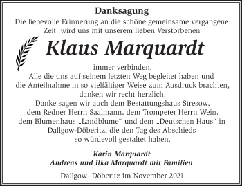 Traueranzeige von Klaus Marquardt von Märkische Oderzeitung