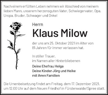 Traueranzeige von Klaus Milow von Märkische Oderzeitung