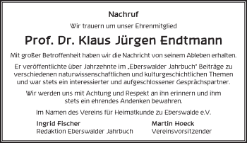 Traueranzeige von Klaus Jürgen Endtmann von Märkische Oderzeitung